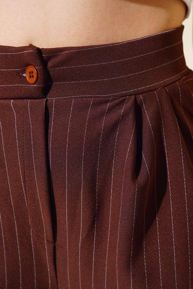 Çizgili Krep Salaş Pantolon Kahve - Resim 4