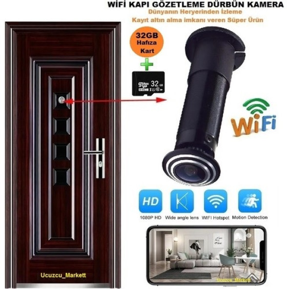 Wifi Kapı Gözetleme Deliği Güvelik Kamerası + 32 GB Kart (Dünyanın Her Yerinden Canlı Izleme)