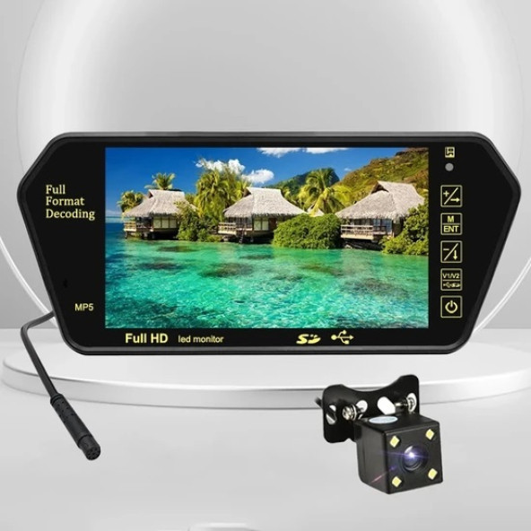 7 Inç Dikiz Ayna Ekran + 4 LED Geri Vites Kamera Bluetooth - USB - Sd Kart - Fm Transmitter Flim Izle - Müzik Dinle