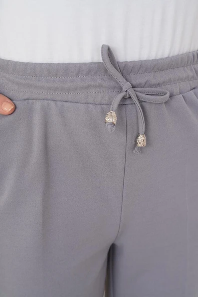 İp Detaylı Beli Lastikli Dar Paça Gri Pantolon - Resim 4