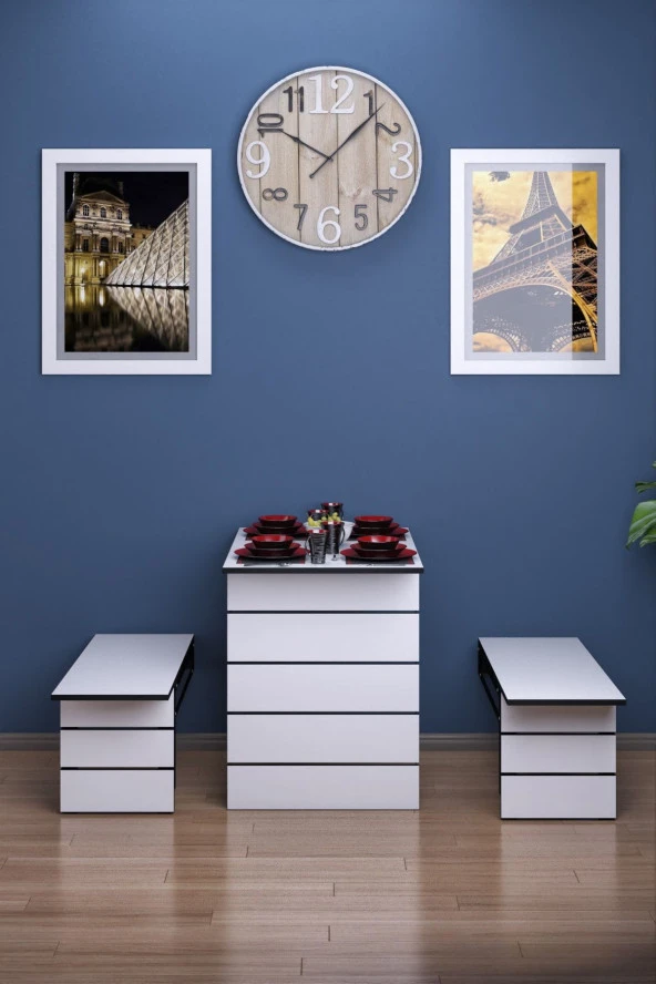 Mokaparkavm Firuze Duvara Monte Katlanabilir 2 Tabureli Yemek Masası Balkon Masası - 2