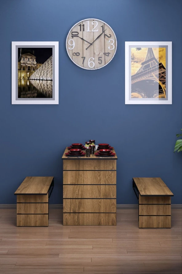 Mokaparkavm Firuze Duvara Monte Katlanabilir 2 Tabureli Pratikyemek Masası Mutfak Masası Balkon Masası - 2