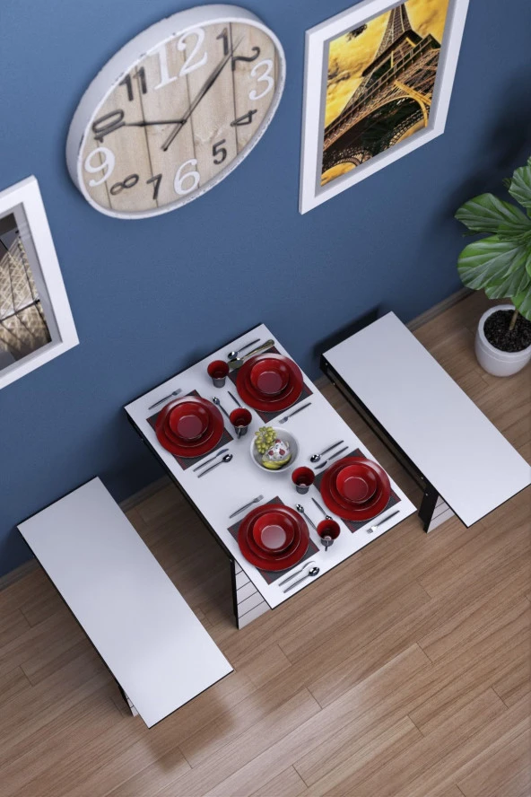 Mokaparkavm Firuze Duvara Monte Katlanabilir 2 Tabureli Yemek Masası Balkon Masası - 3