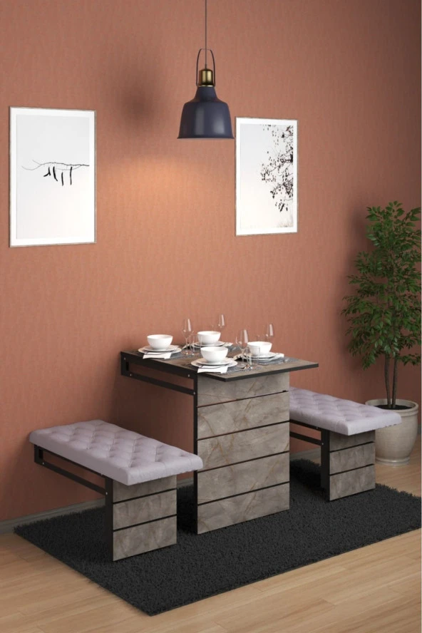 Mokaparkavm Açelya Katlanır Yemek Masası Mutfak Masası 2 Tabureli Döşemeli Yemek Masası - 2