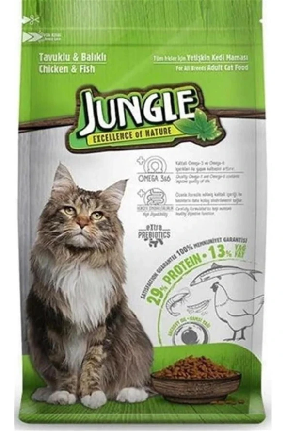 Jungle Tavuklu ve Balıklı Yetişkin Kedi Maması 15K