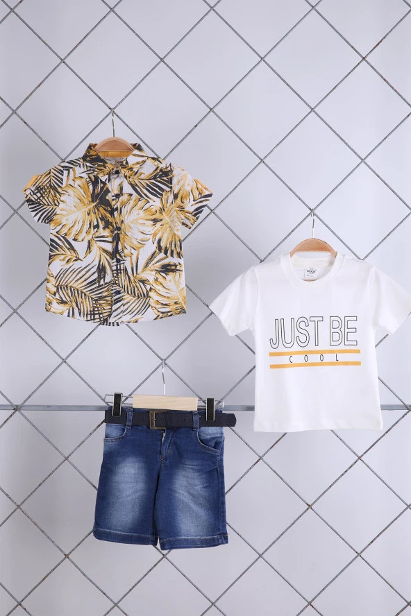 Babyhola Pamuk Botanik Desenli Gömlek Kot Şort Erkek Bebek Çocuk Bayramlık Takım Elbise Safari Doğum Günü Konsept 22343 - 2