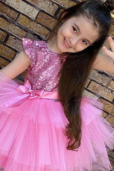 Kız Çocuk Üstü Pulpayet İşlemeli Katkat Pembe Abiye - Resim 8