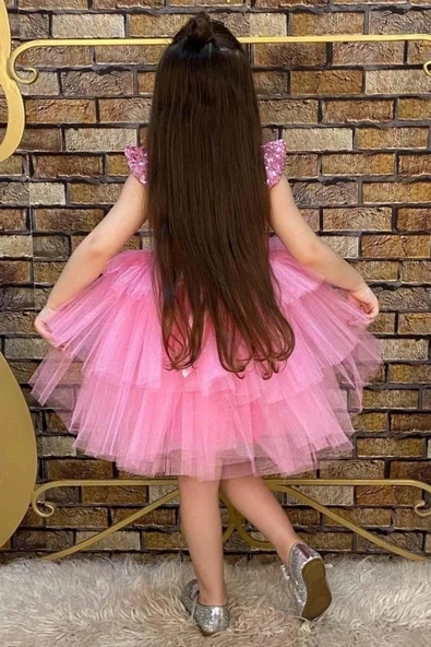 Kız Çocuk Üstü Pulpayet İşlemeli Katkat Pembe Abiye - Resim 7
