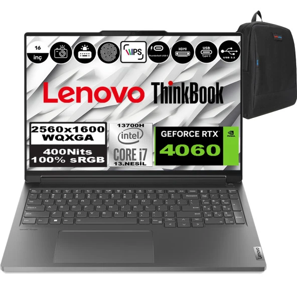Lenovo Thinkbook 16P G4 Intel Core I7 13700H 32GB 2tb SSD 8GB-RTX4060 16'' Wqxga Windows 11 Home Taşınabilir Bilgisayar 21J80032TRH02 + Weblegelsin Çanta