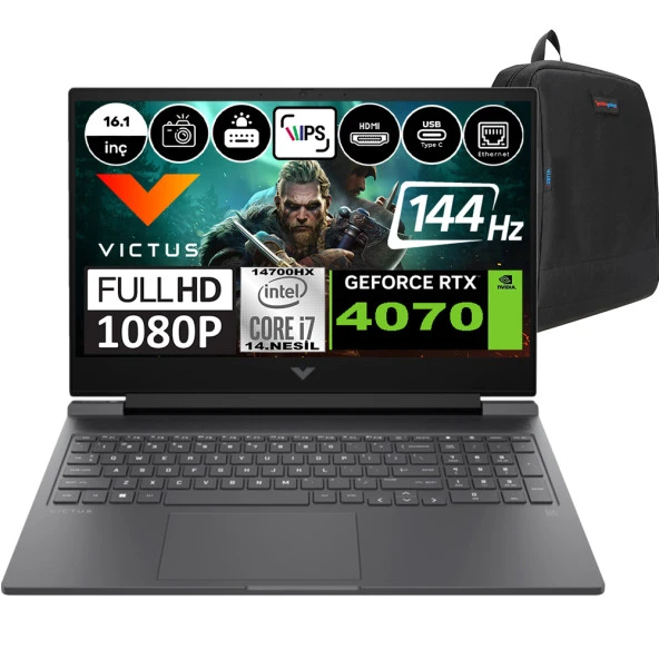 Hp Victus 16-R1020NT Intel Core I7-14700HX 32GB Ddr5 512GB SSD RTX4070-8GB 16.1 Inç 144HZ Full Hd Windows 11 Home Gaming Laptop 9J222EAH04 + Weblegelsin Çanta