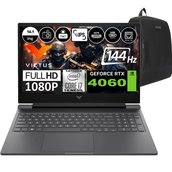 Hp Victus 16-R1051NT Intel Core I7-14700HX 16GB Ddr5 2tb SSD RTX4060-8GB 16.1 Inç 144HZ Full Hd Windows 11 Pro Gaming Laptop 9J234EAP03 + Weblegelsin Çanta