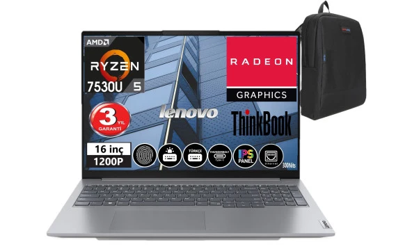 Lenovo Thinkbook 16 Gen6 Abp Amd Ryzen 5 7530U 16GB Ram 2tb SSD 16" Wuxga (1920X1200) WINDOWS11HOME Taşınabilir Bilgisayar TB21KK001ATR12+WEBLEGELSINÇANTA