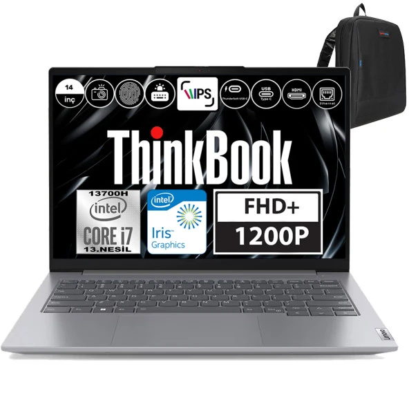 Lenovo Thinkbook 14 Gen6 Intel Core I7 13700H 32GB Ddr5 1tb SSD Iris® Xe Graphics Freedos 14" Wuxga 300NIT Taşınabilir Bilgisayar 21KG004NTRF05 + Weblegelsin Çanta