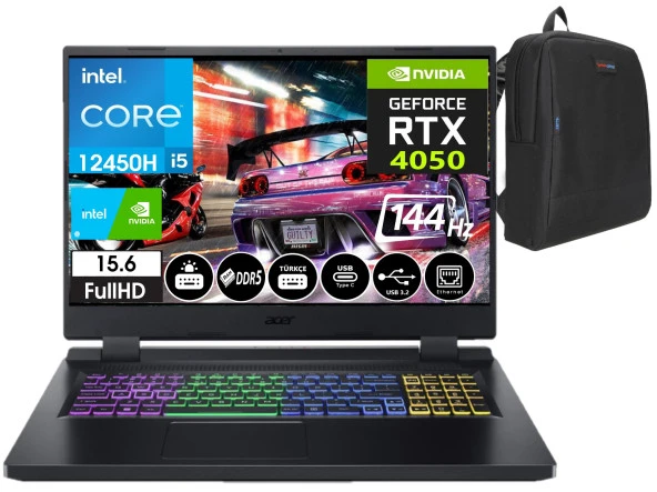 Acer Nitro 5 AN515-58 Intel Core I5 12450H 16GB Ddr5 Ram 512GB SSD 6gb RTX4050 15,6 Inç 144Hz IPS Fhd WINDOWS11HOME Taşınabilir Bilgisayar NHQLZEY00710+WEBLEGELSINÇANTA