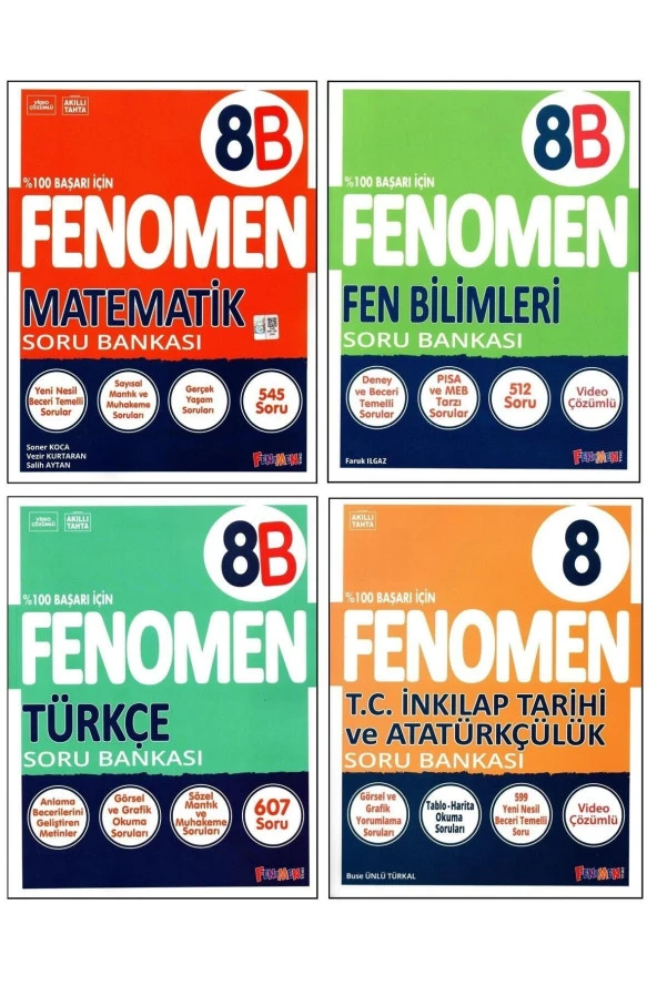 Fenomen 8. Sınıf LGS Matematik(B)+Fen(B)+Türkçe(B)+İnkılap Tar.Soru Bankası 4 Kitap