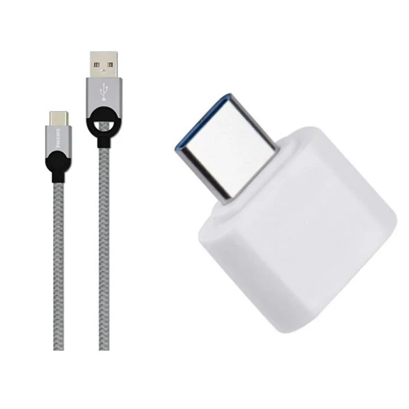 Philips 5A 100W UsbA to Type-C Örgülü 1.2M Hızlı Şarj ve Data Kablosu Gri + ScHitec Type-C to UsbA 3.0 Dönüştürücü Adaptör