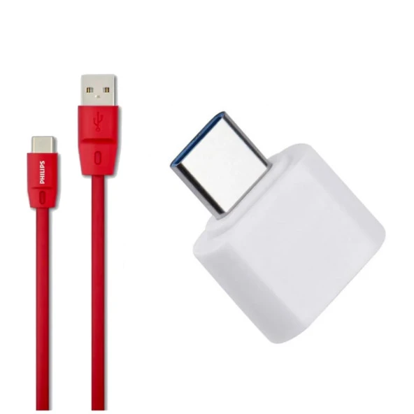 Philips 5A 100W UsbA to Type-C 1.8 M Hızlı Şarj ve Data Kablosu Kırmızı + ScHitec Type-C to UsbA 3.0 Dönüştürücü Adaptör