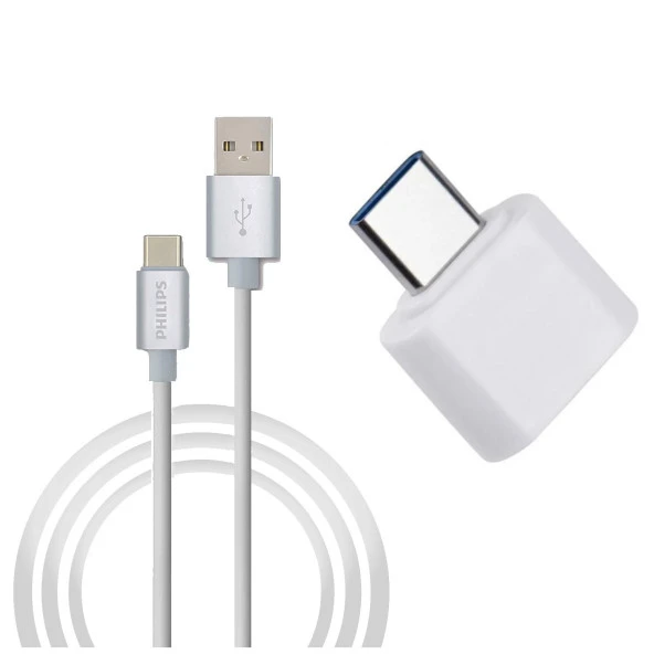 Philips 3A 60W UsbA to Type-C 1.2M Hızlı Şarj ve Data Kablosu Beyaz + ScHitec Type-C to UsbA 3.0 Dönüştürücü Adaptör