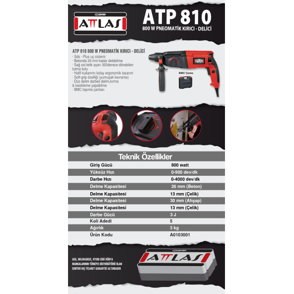 Attlas ATP 810 800 W Pneomatik Kırıcı Delici Matkap 3 KG - 2