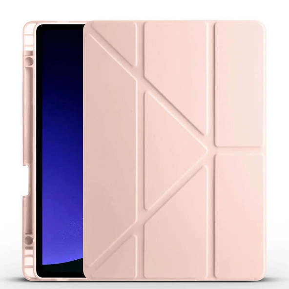 KNY Samsung Galaxy Tab S9 Plus SM-X810 Kılıf Kalem Koymalı Arkası Silikon Standlı TriFolding Kılıf Pembe