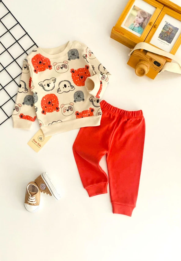 Neşeli Bebekler Ayıcık Ve Koala Baskılı Desen İki İplik Penye Kumaş Takım Kiremit ürün görseli 1