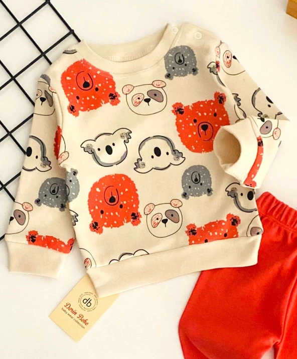 Neşeli Bebekler Ayıcık Ve Koala Baskılı Desen İki İplik Penye Kumaş Takım Kiremit - Resim 2