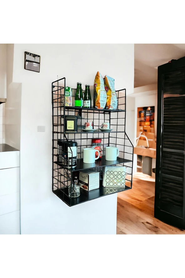 Modern Tasarım 4 Katlı Siyah Duvara Monte Dekoratif Raf - 2