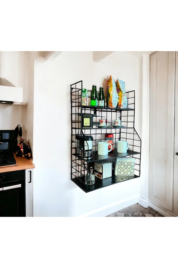 Modern Tasarım 4 Katlı Siyah Duvara Monte Dekoratif Raf - 3