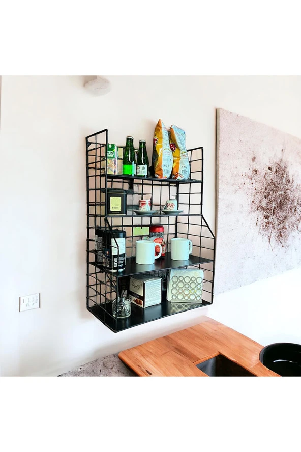 Modern Tasarım 4 Katlı Siyah Duvara Monte Dekoratif Raf - 4