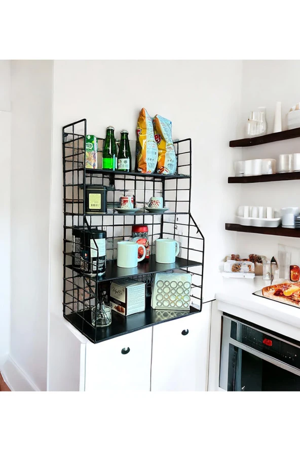 Modern Tasarım 4 Katlı Siyah Duvara Monte Dekoratif Raf - 5