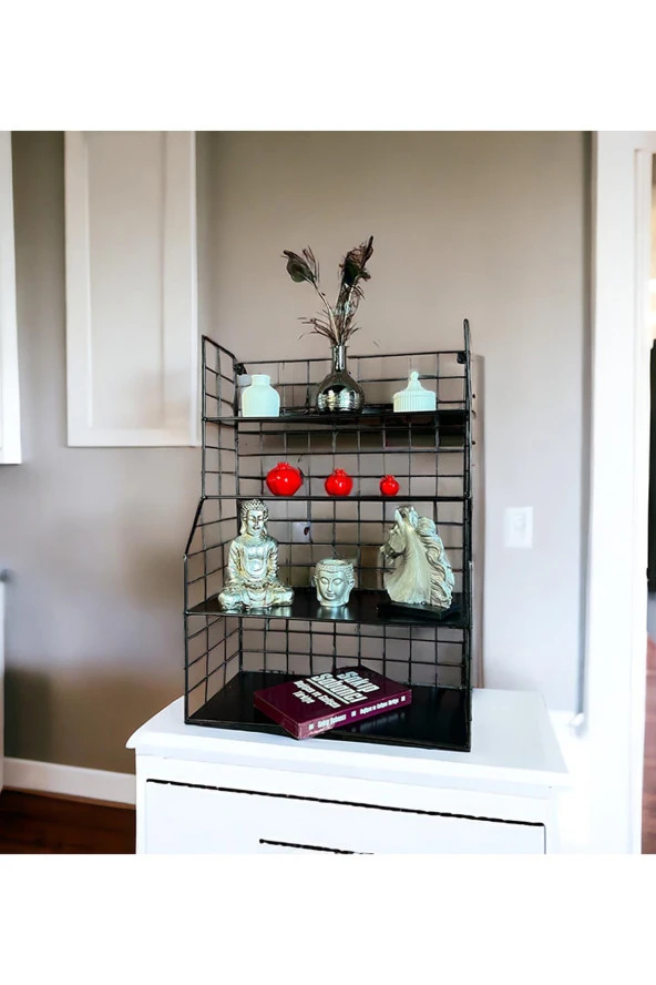 Modern Tasarım 4 Katlı Siyah Duvara Monte Dekoratif Raf - 7