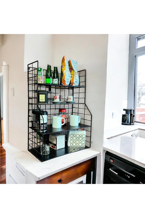 Modern Tasarım 4 Katlı Siyah Duvara Monte Dekoratif Raf - 8