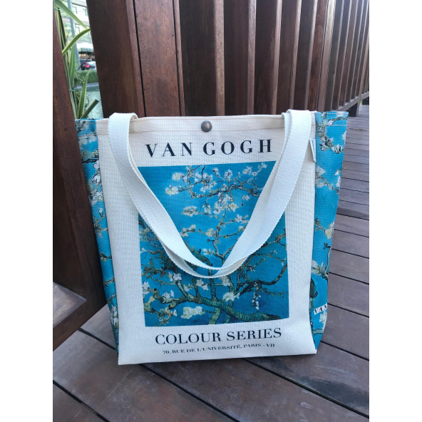 Van Gogh Badem Çiçeği Kanvas Bez Çanta Yıkanabilir Çıtçıtlı Cepli