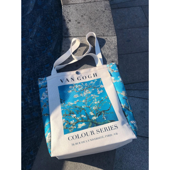 Van Gogh Badem Çiçeği Kanvas Bez Çanta Yıkanabilir Çıtçıtlı Cepli - 2
