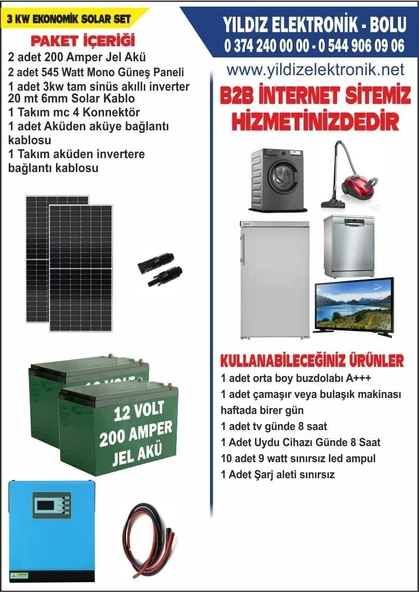 SOLAR BAĞ EVİ PAKETİ 3- 1090WATT PANEL - 400 AMPER JEL AKÜ - 2000WATT İNVERTER