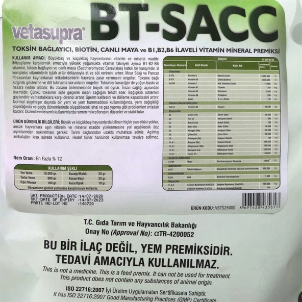 Vetasupra Bt-Sacc Canlı Maya Alaşımlı Vitamin-Mineral İçerikli Hayvan Yem Katkı - 9