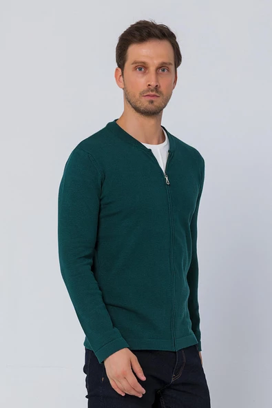 Erkek Regular Fit Rahat Sade Önü Fermuarlı Hırka - 9