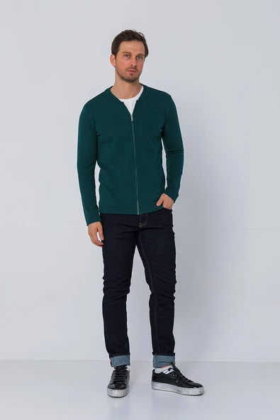 Erkek Regular Fit Rahat Sade Önü Fermuarlı Hırka - 7