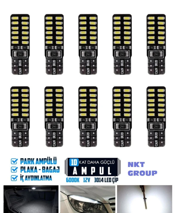 T10 Dipsiz W5w Canbus 24 Ledli Beyaz Park Plaka Ampulü (10 Adet)