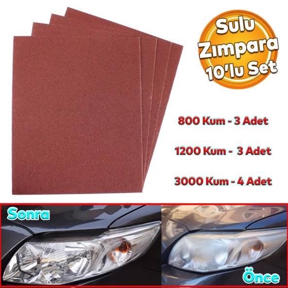 Araç Otomotiv Far Temizle Parlatma İnce Kalın Kum Su Zımpara Kağıt Set 800-1200-3000 Kum (10 Adet)