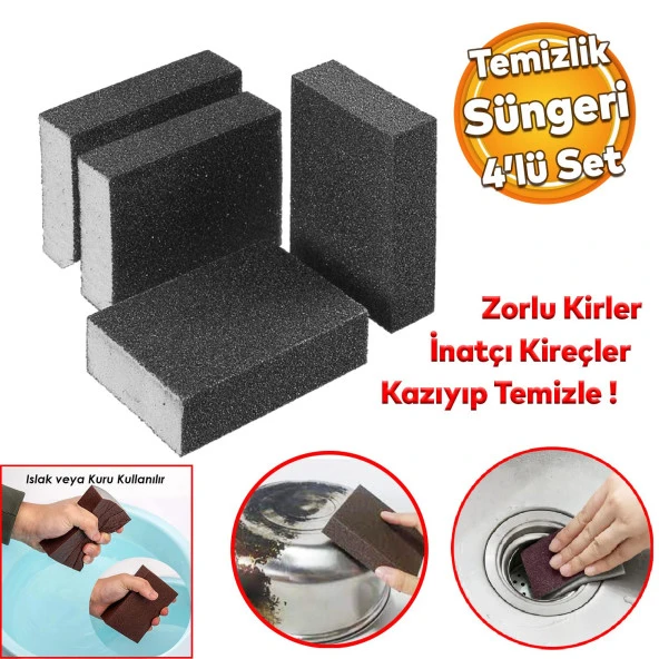 Banyo Wc Lavabo Taşı Mutfak Evye Musluk Kireç Yağ Kir Kazıma Temizleme Islak Kuru Sünger 4Lü SET