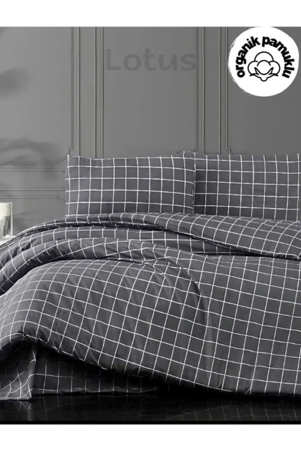 Lotusline Home Minikaro Füme Tek Kişilik Pamuklu Nevresim Seti Çarşafsız - 2