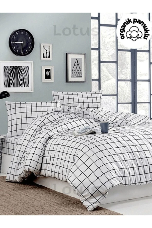 Lotusline Home Minikaro Siyah Beyaz Tek Kişilik Pamuklu Nevresim Seti Çarşafsız - 2