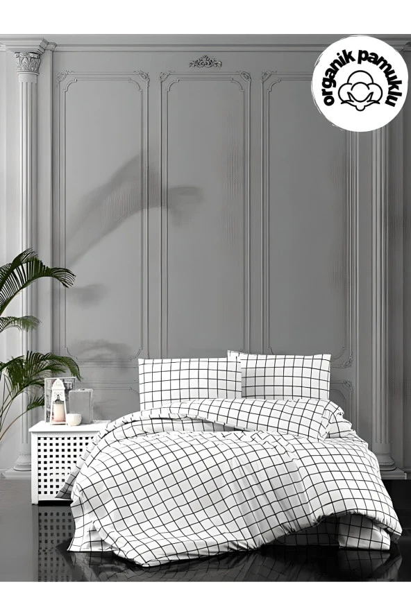 Lotusline Home Minikaro Çift Kişilik Pamuklu Nevresim Seti Çarşafsız