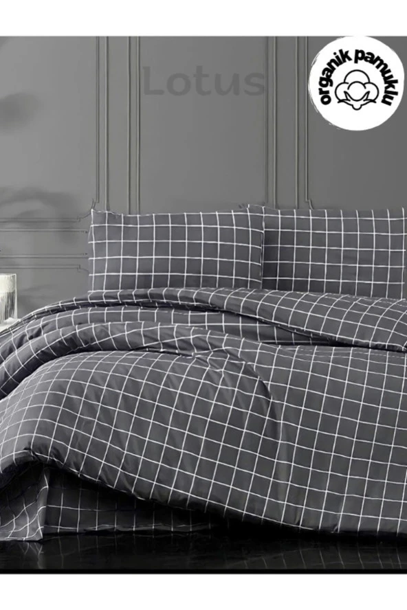 Lotusline Home Minikaro Çift Kişilik Pamuklu Nevresim Seti Çarşafsız - 2