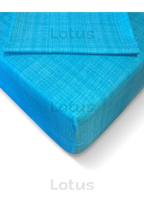 Lotusline Fırça Desen Ranforce Lastikli Fitted Çarşaf Takımı Tek Kişilik Yastıklı Mavi 120x200