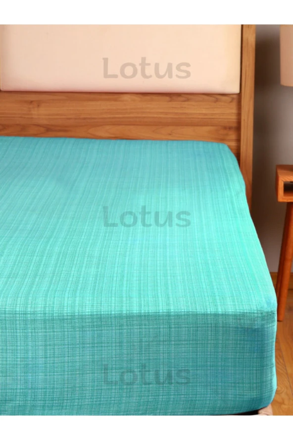 Lotusline Fırça Desen Ranforce Lastikli Fitted Çarşaf Takımı Tek Kişilik Yastıklı Su Yeşili 120x200 - 2