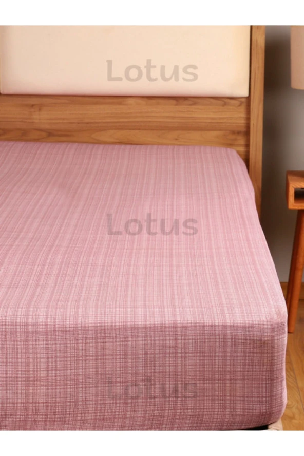 Lotusline Fırça Desen Ranforce Lastikli Fitted Çarşaf Takımı Tek Kişilik Yastıklı Pembe 120x200