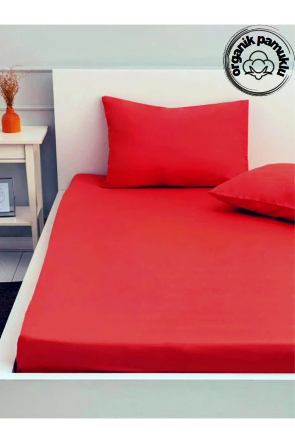 Lotusline Tek Kişilik 120*200 ( Ara Ölçü ) Lüks Pamuklu Lastikli Çarşaf Takımı Yastıklı - Kırmızı
