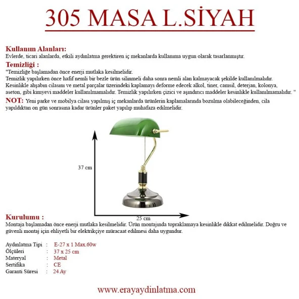 Eray Aydınlatma Banker Masa Lambası PVC Başlıklı Yeşil - Siyah - Resim 3